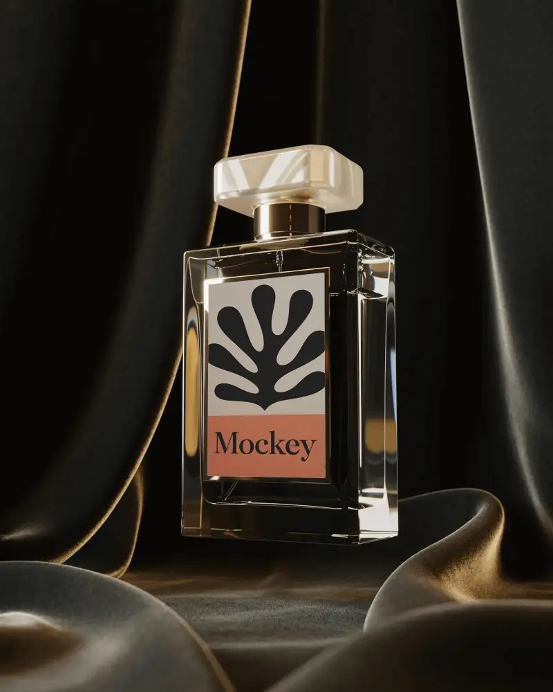 Luxury Perfume Bottle Mockup Square Crystal Glass On Black And Golden Satin Premium Display Scene