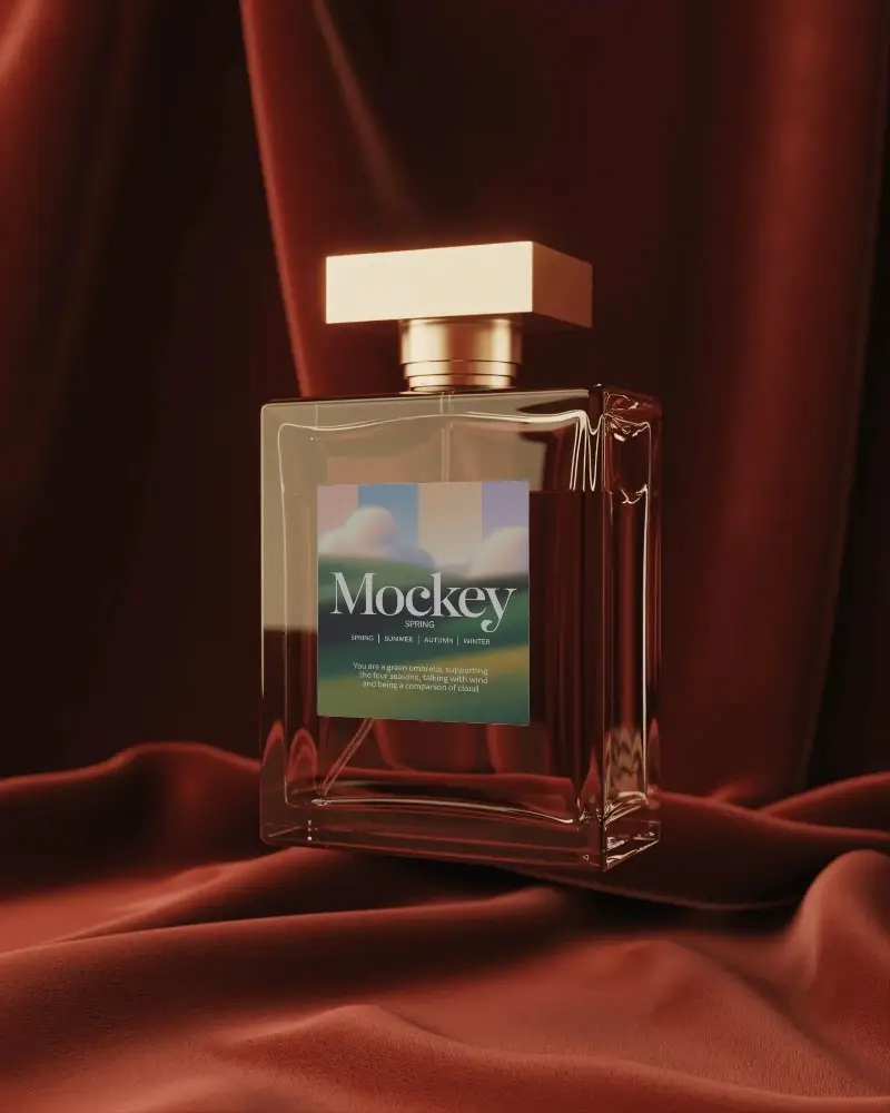 Luxury Perfume Bottle Mockup Square Glass Design With Golden Cap On Deep Red Drapes Premium Look