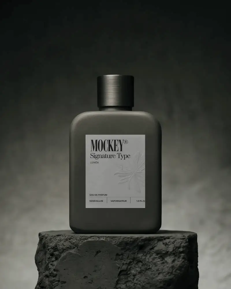 Masculine Dark Perfume Bottle Mockup With Matte Black Finish And Square Label On Stone Pedestal In Dramatic Lighting