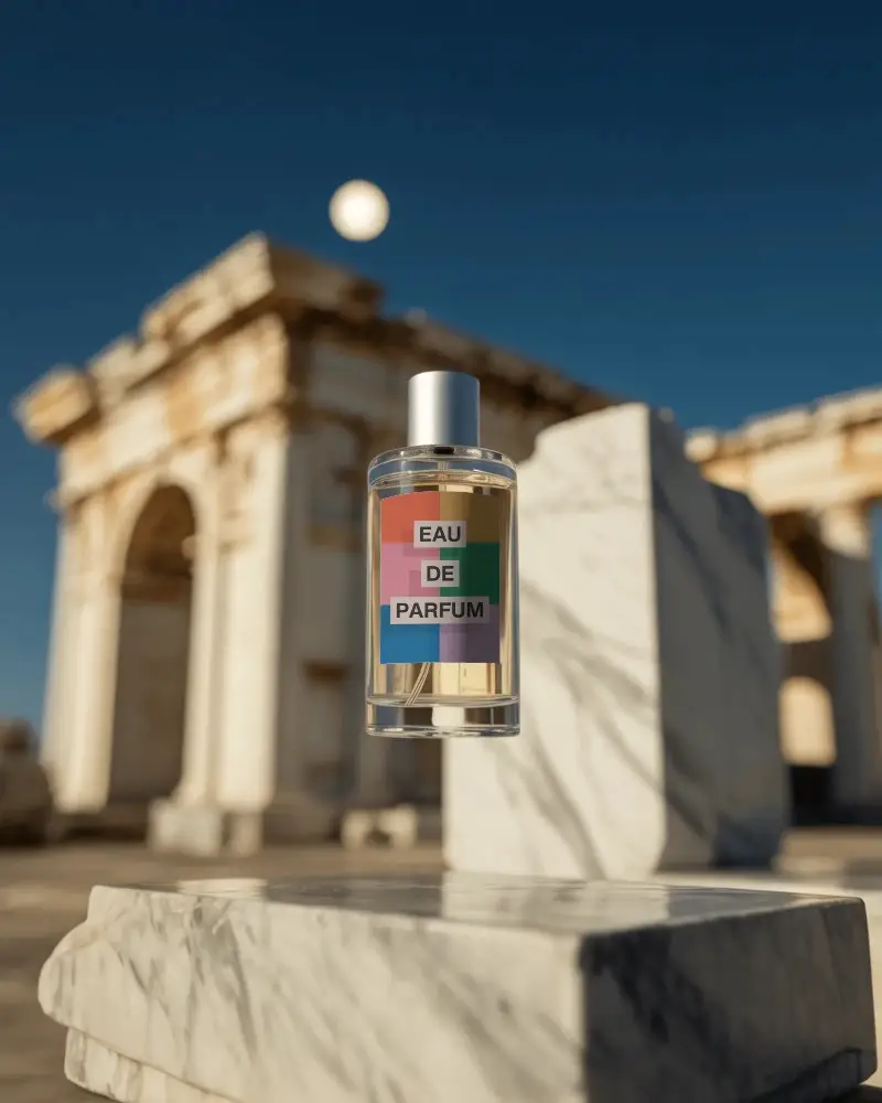 Premium Perfume Bottle Mockup Suspended On Marble Stone Background Of Ancient Architecture Scene