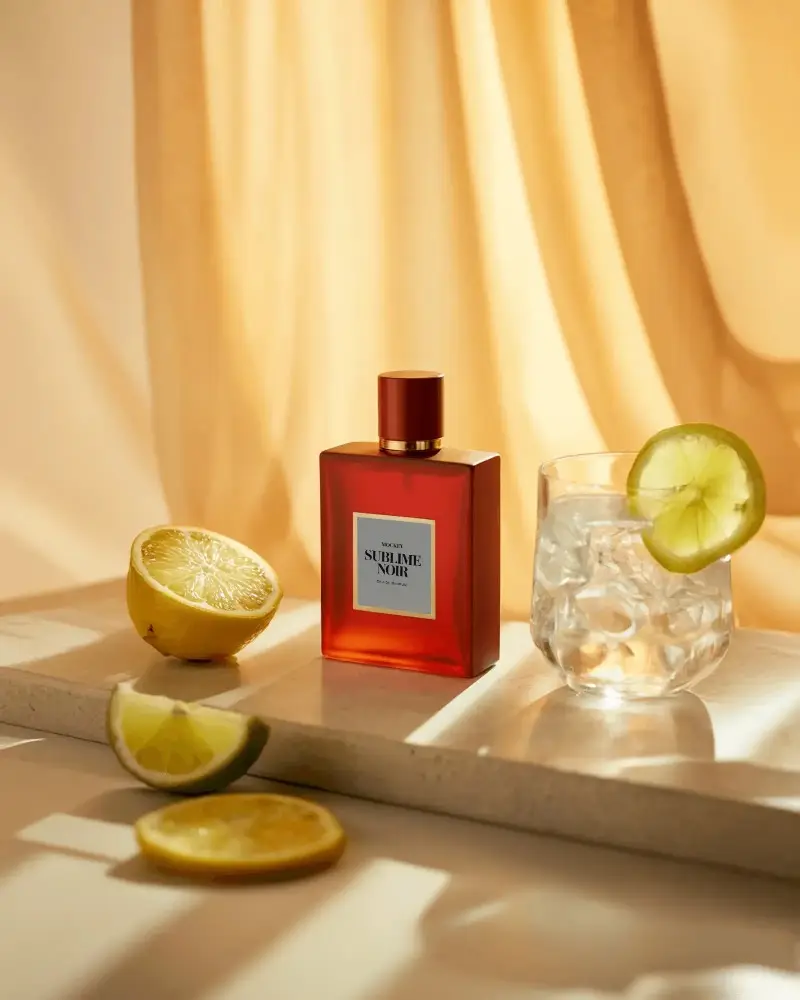 Luxury Perfume Bottle Mockup Red Glass Design With Citrus Fruits And Iced Drink On Sunlit Surface
