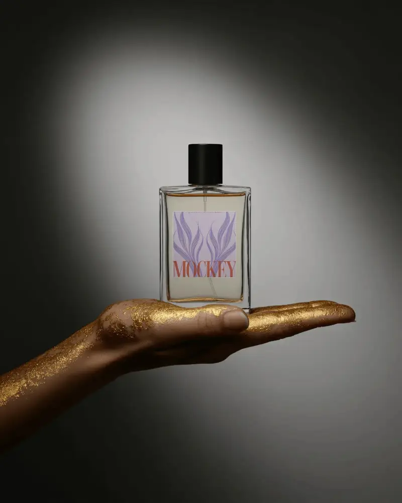 Luxury Perfume Bottle Mockup Square Glass Held On Hand Painted In Golden Shimmer Premium Display