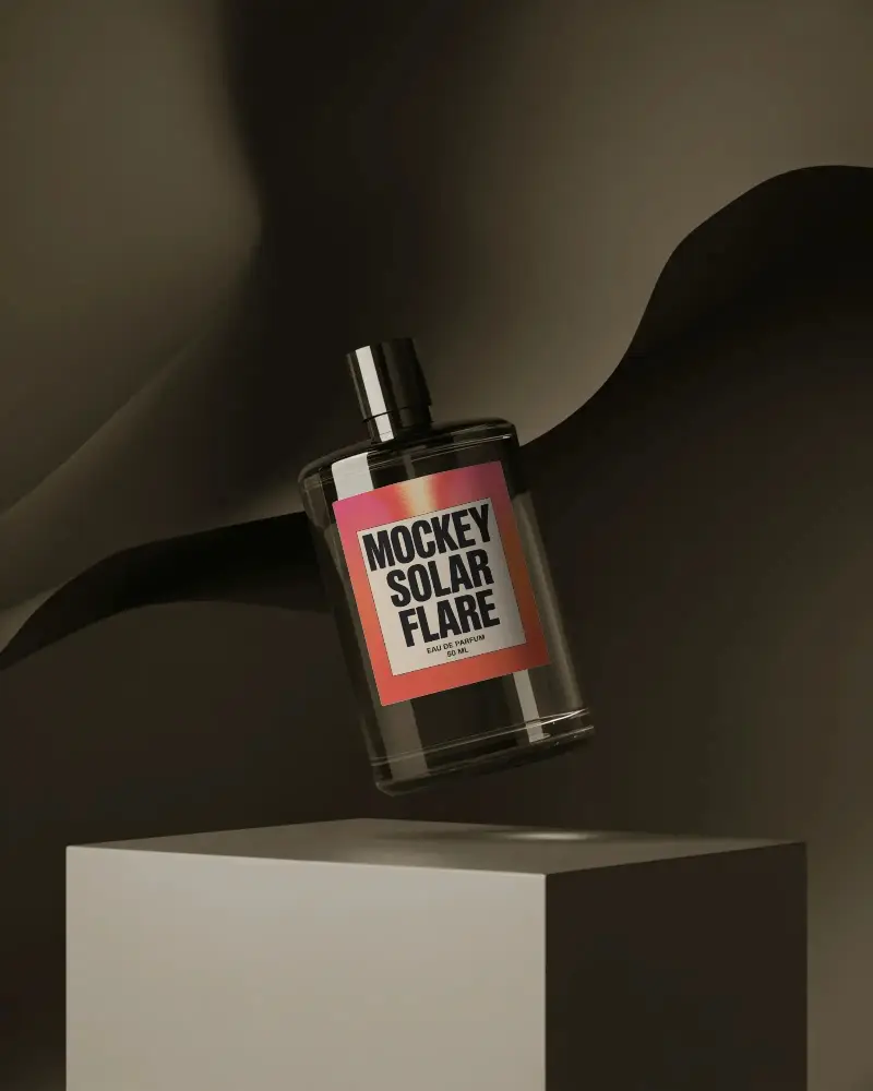 Luxury Perfume Bottle Mockup Floating Round Glass Design Above Minimal Pedestal In Monochrome Scene