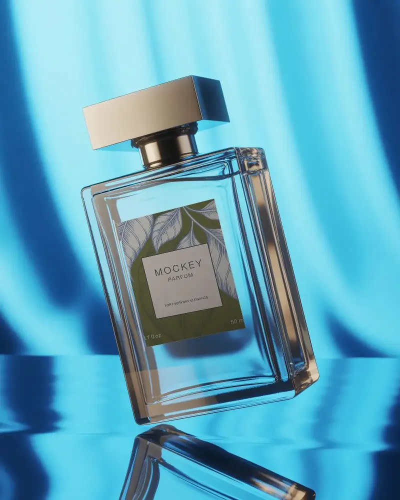 Luxury Perfume Bottle Mockup With Transparent Glass And Reflective Background For Branding