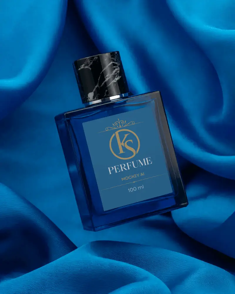 Elegant Blue Square Perfume Bottle Mockup On Satin Background