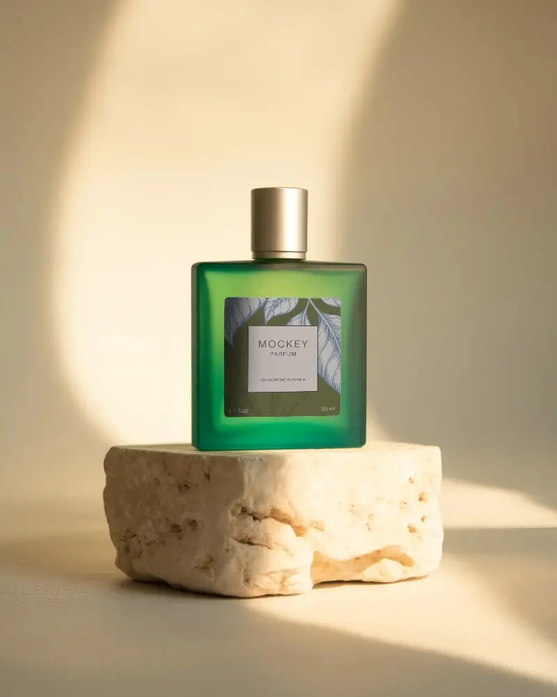 Elegant Minimalist Perfume Bottle Mockup On Natural Stone Platform For Branding