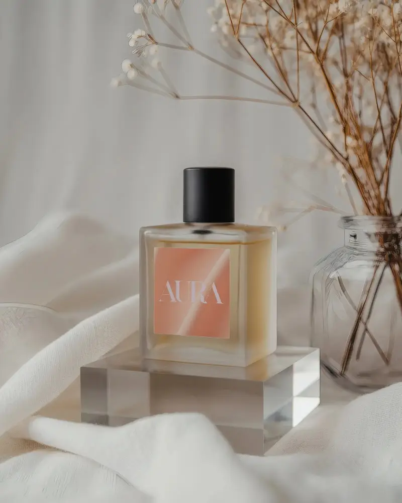 Elegant Perfume Mockup On Transparent Pedestal With Delicate Dried Flowers Background