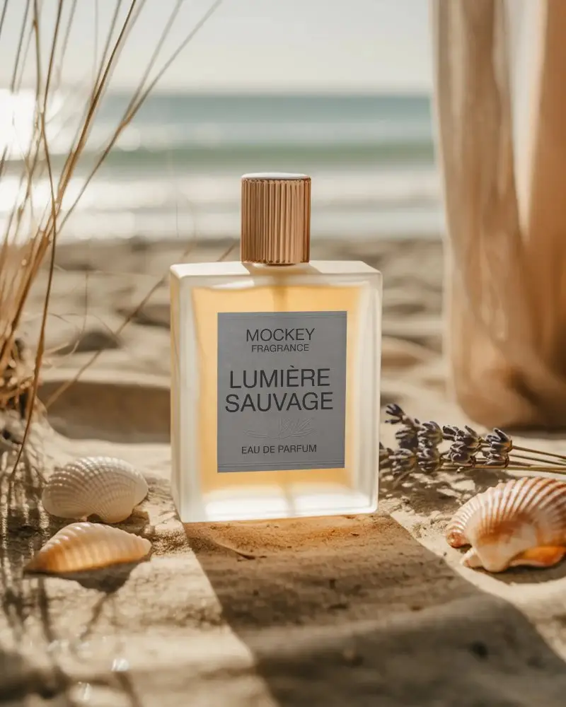 Elegant Glass Perfume Mockup Surrounded By Lavender Dried Grass And Seashells