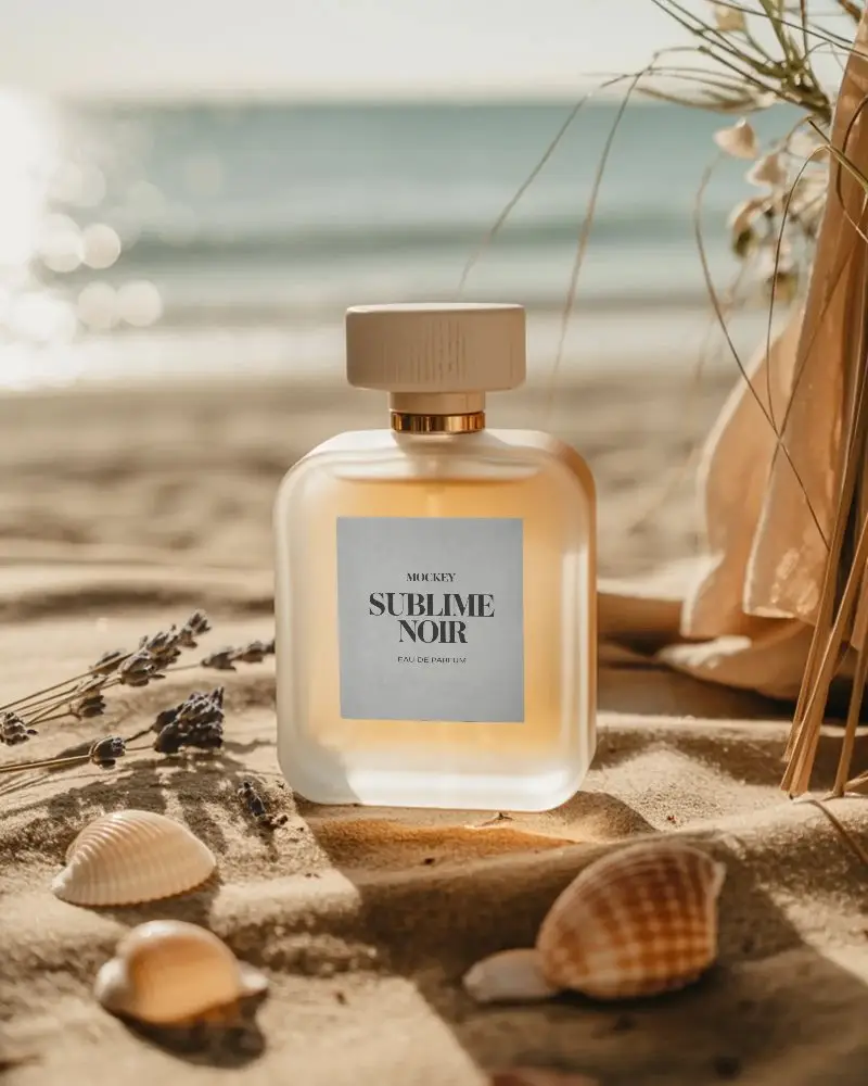 Elegant Perfume Mockup On Sandy Beach With Relaxing Ocean Background