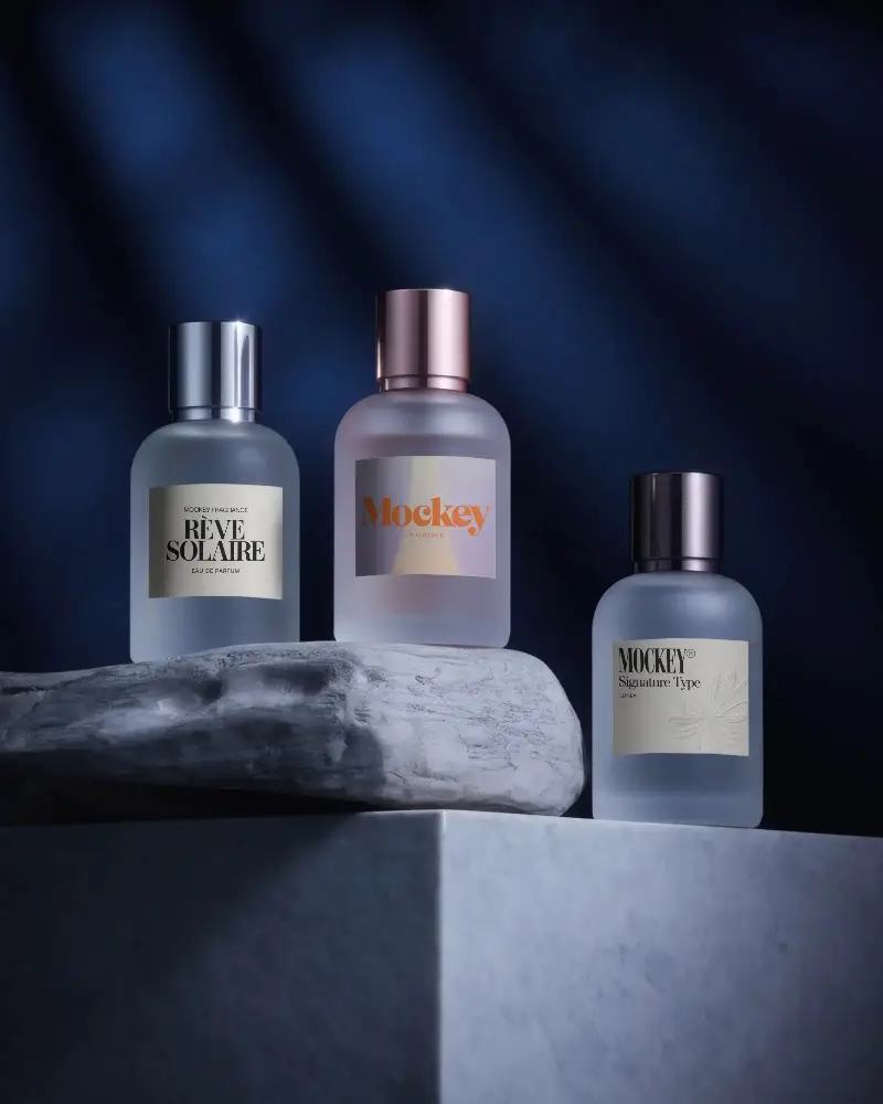 Luxury Perfume Bottles Mockup On Stone And Marble Showing Elegant Brand Packaging Design