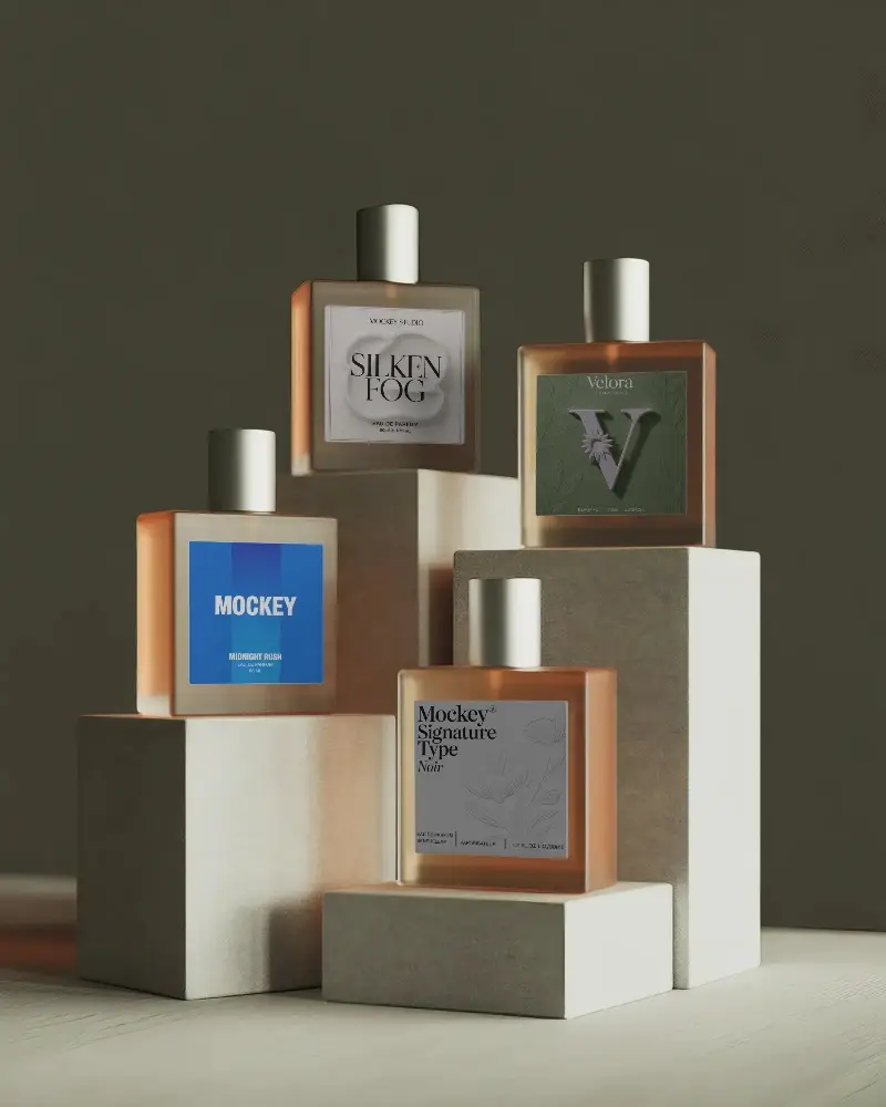 Luxury Perfume Bottle Mockup Standing On Geometric Blocks For Brand Presentation