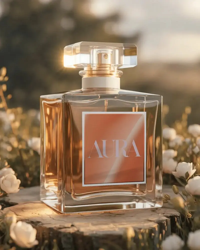 Elegant Glass Perfume Bottle Mockup On Wooden Surface With Natural Floral Background