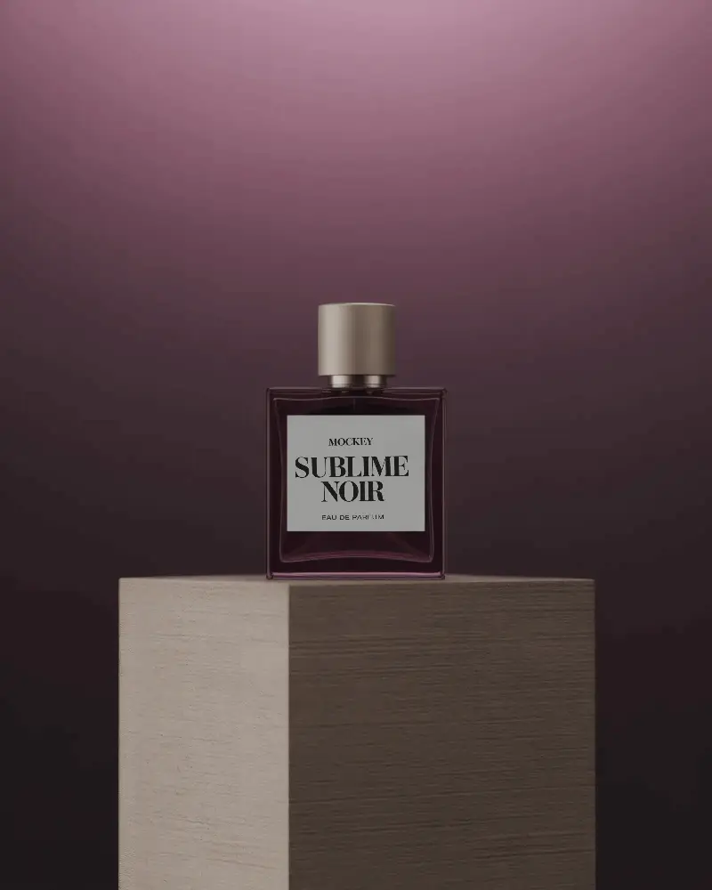 Minimalist Perfume Mockup Square Fragrance Bottle On Two Tone Podium With Soft Gradient Lighting