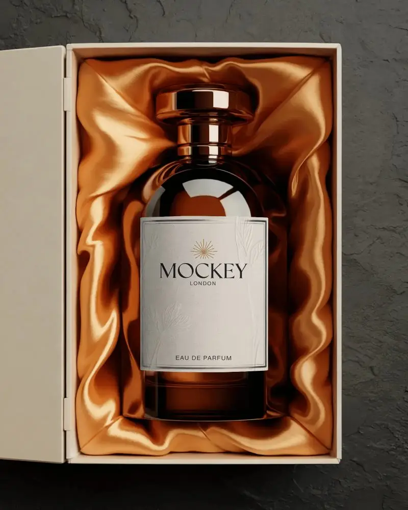 Luxury Perfume Bottle Mockup With Satin Lined Gift Box For Brand Presentation
