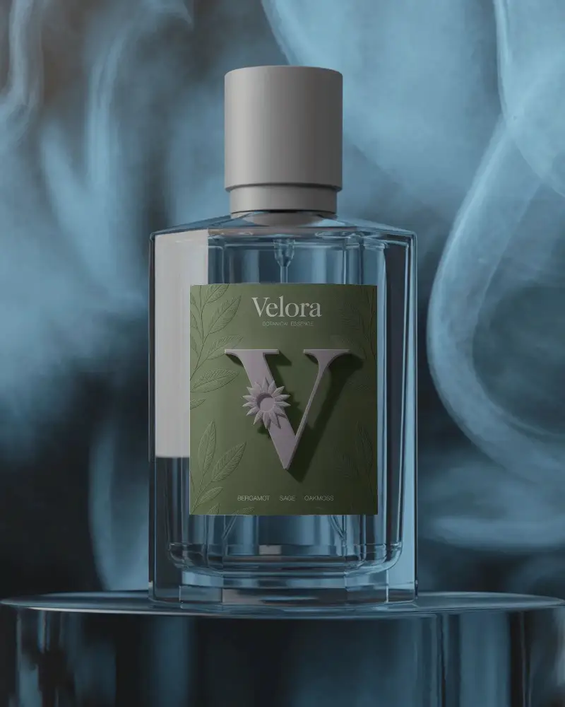 Sleek Glass Perfume Bottle Mockup With Minimalist Plain Label Surrounded By Soft Fragrant Mist
