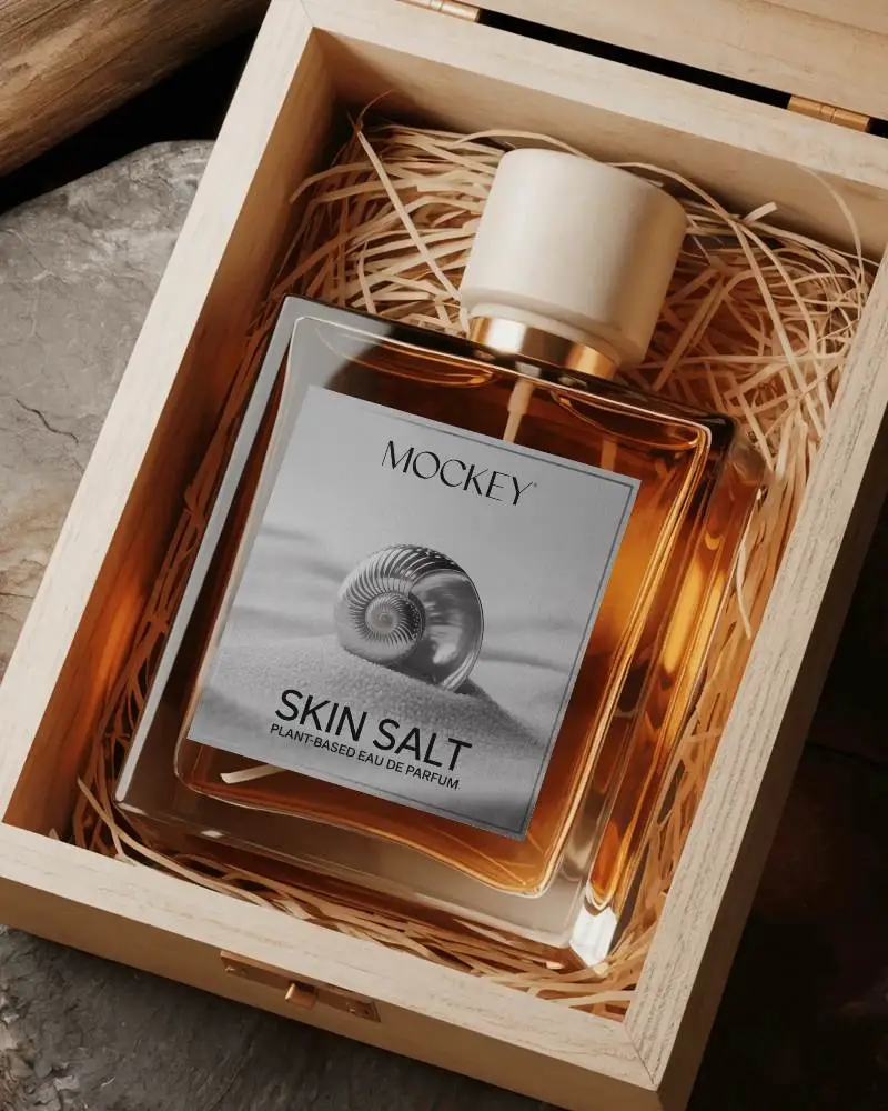 Luxury Glass Square Perfume Bottle Mockup Packaged In Eco Friendly Wooden Box With Natural Fill