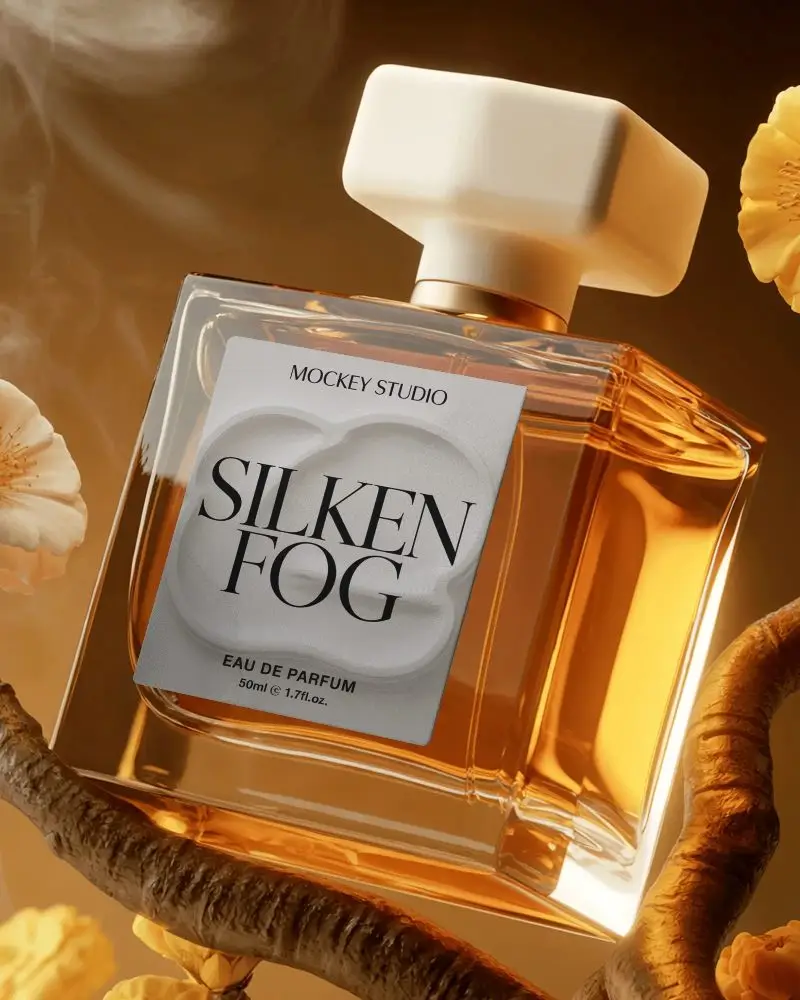 Luxury Perfume Bottle Mockup With Floral And Wooden Elements For Elegant Brand Presentation