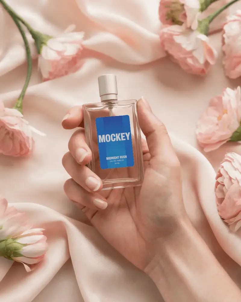 Elegant Hand Holding Perfume Mockup Amid Soft Pink Flowers On Satin Backdrop Romantic Aura