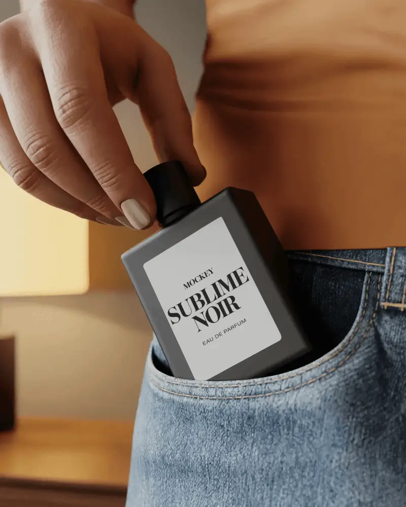 Minimal Black Perfume Bottle Mockup Slipping Into Jeans Pocket Modern Lifestyle Composition