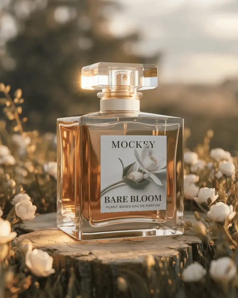 Golden Hour Perfume Mockup On Wooden Base Surrounded By White Flowers Nature Inspired Luxury