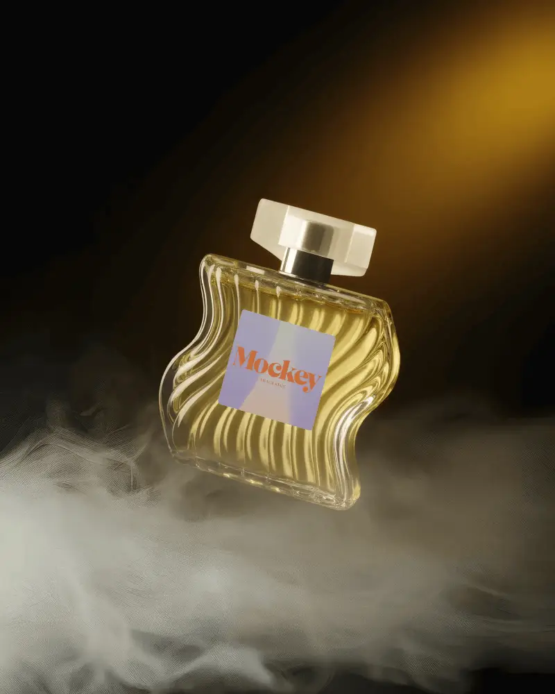 Wavy Glass Perfume Bottle Mockup Floating In Smoky Studio Light Cinematic And Premium Style