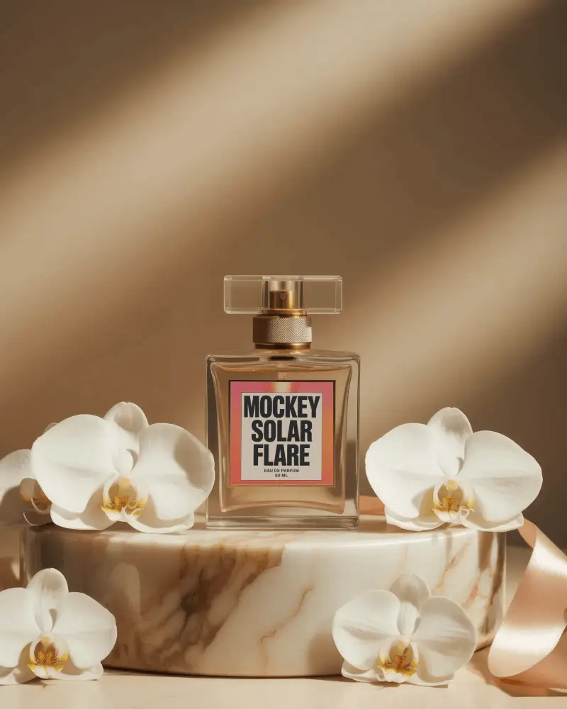 Luxury Perfume Bottle Mockup With White Orchids On Marble Podium Soft Golden Studio Lighting