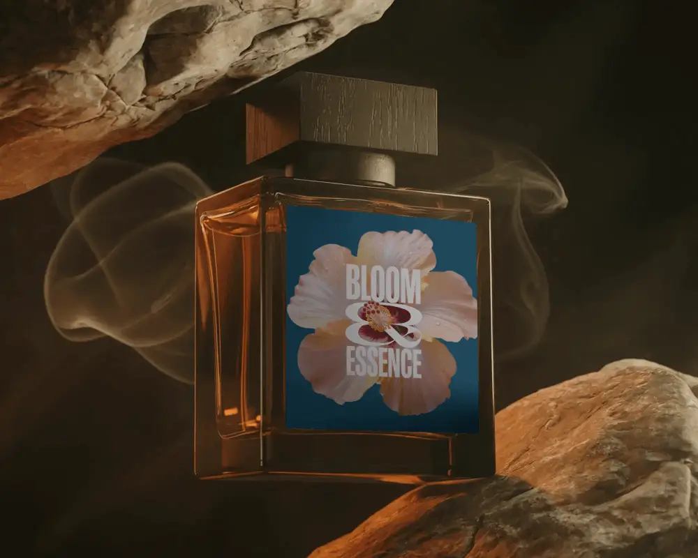 Dark Amber Perfume Bottle Mockup Between Stones And Smoke Moody And Masculine Fragrance Theme