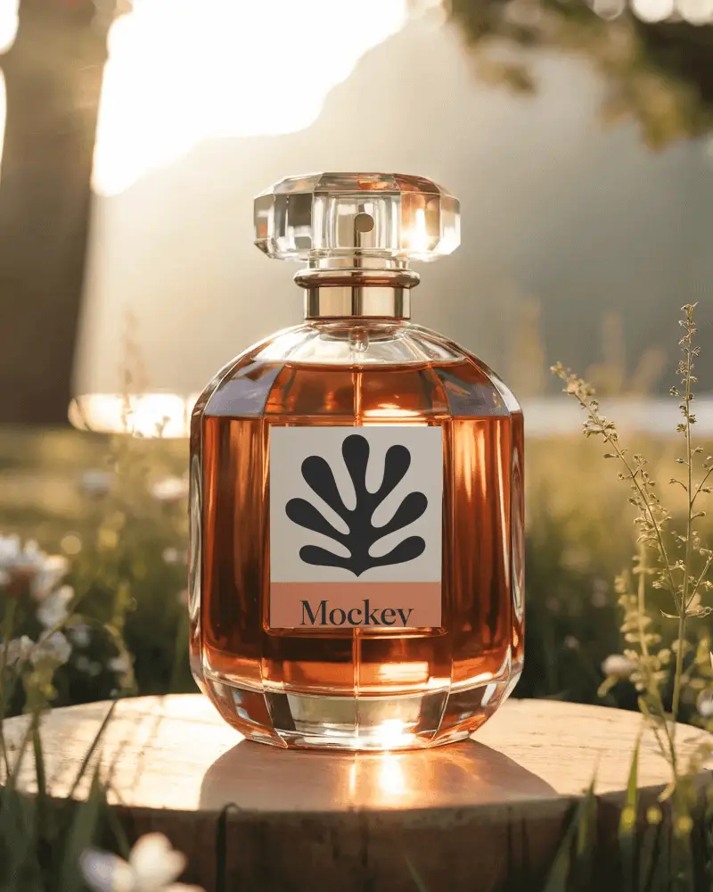 Round Perfume Bottle Mockup Glowing Under Sunset Light On Tree Stump Romantic Natural Vibes