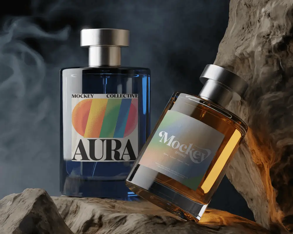 Dual Perfume Bottle Mockup Blue And Amber Designs On Rocks In Smoky Moody Lighting Premium Look