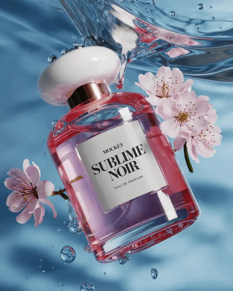 Perfume Bottle Mockup Floating In Water With Cherry Blossoms Fresh And Elegant Composition