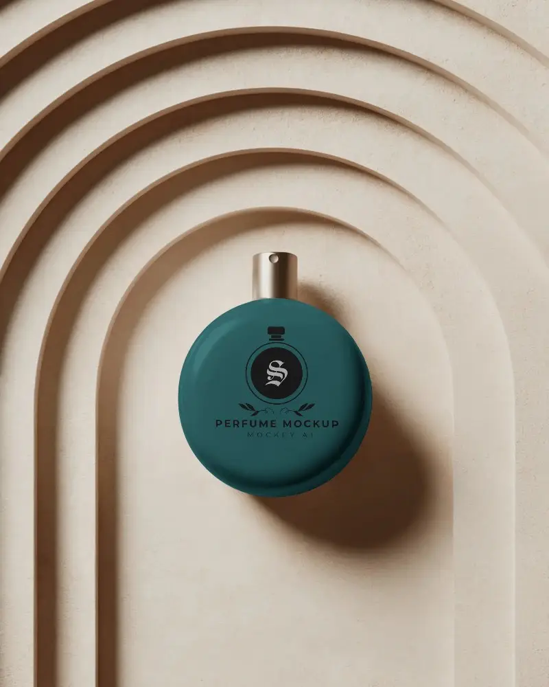 Luxurious Round Perfume Bottle Mockup On Architectural Beige Arch Backdrop Perfect For Elegant Brand Identity