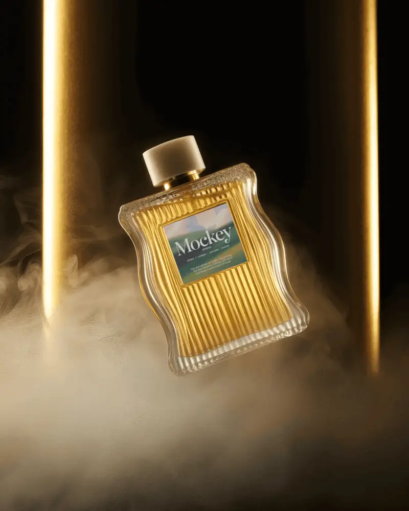 Golden Rippled Perfume Bottle Mockup Floating In Smoky Studio Lighting Elegant And Premium Style