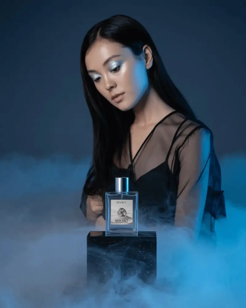 Ethereal Perfume Mockup Female Model In Sheer Black Dress Blue Fog And Studio Lighting