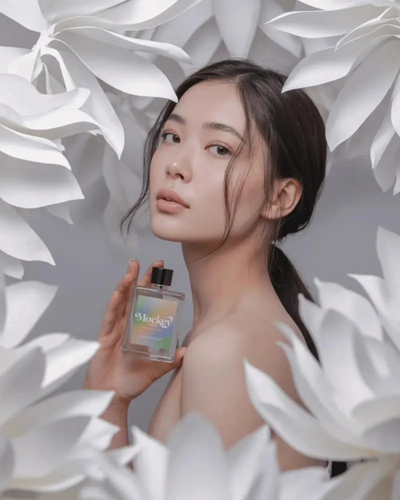 Floral Elegance Perfume Mockup Minimalist Female Model Surrounded By White Petals