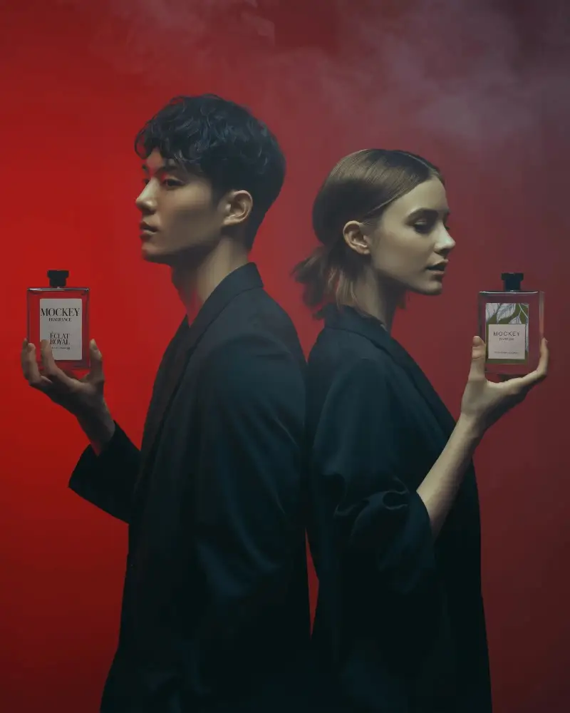 Dual Fragrance Perfume Mockup Modern Couple In Black With Red Smoky Background