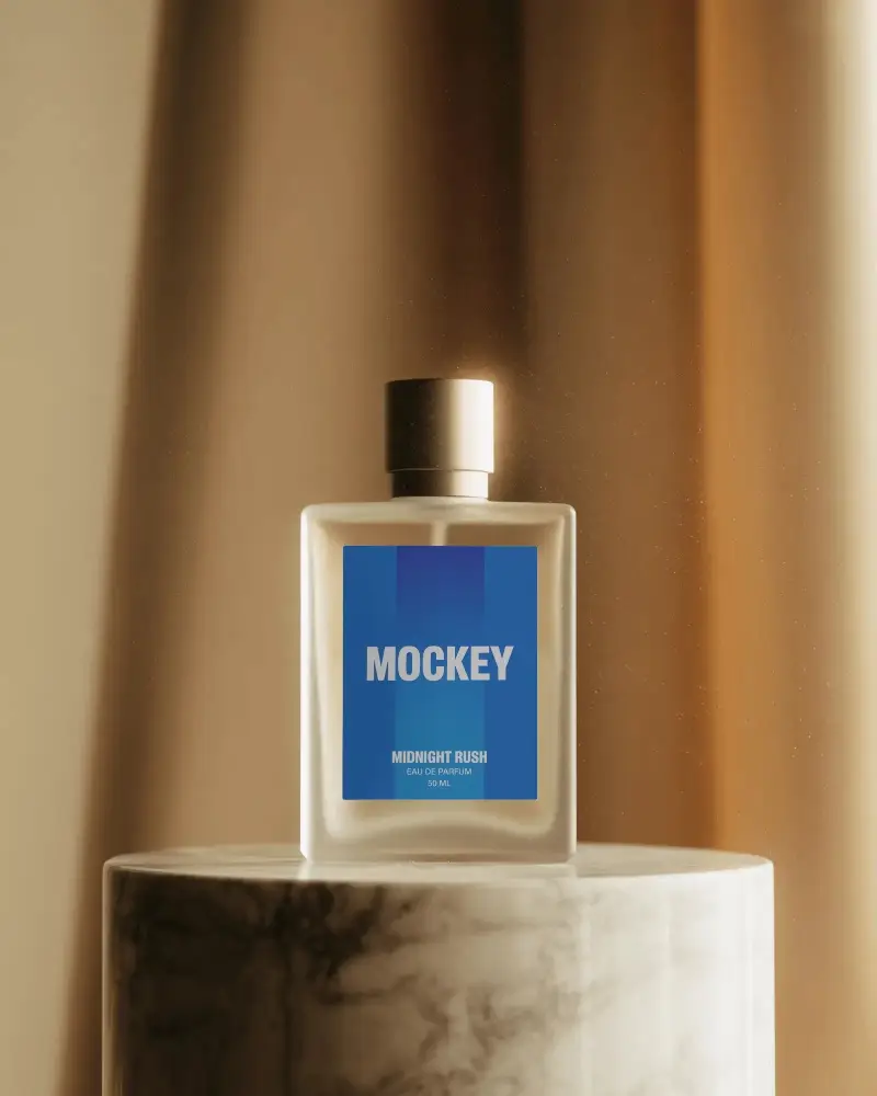 Minimal Luxury Perfume Mockup Frosted Bottle On Marble Pedestal In Warm Light