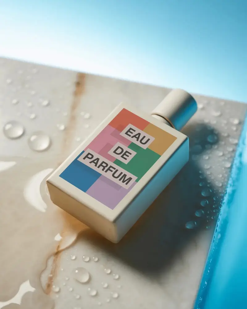 Aquatic Perfume Mockup Minimal Bottle On Wet Marble With Water Droplets