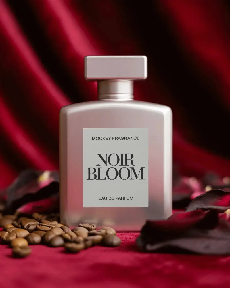 Omantic Fragrance Bottle Perfume Mockup Satin Red Background And Dark Rose Petals