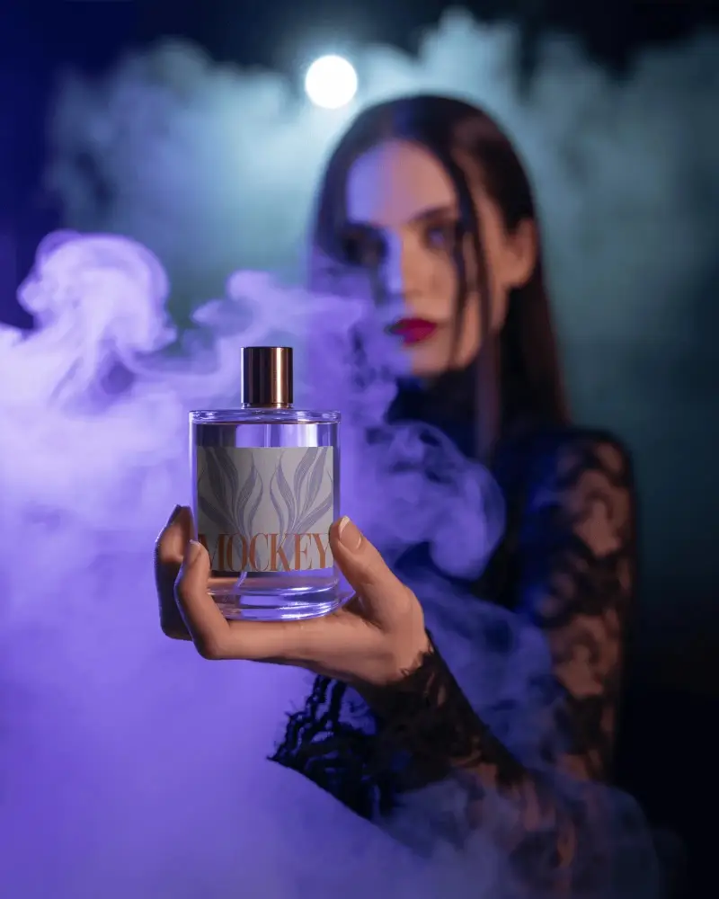 Mysterious Perfume Mockup Dark Elegant Woman Holding Bottle In Purple Fog