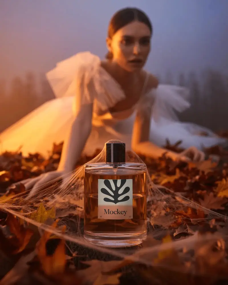 Autumn Fantasy Perfume Mockup Amber Bottle On Leaves With Elegant Female Model