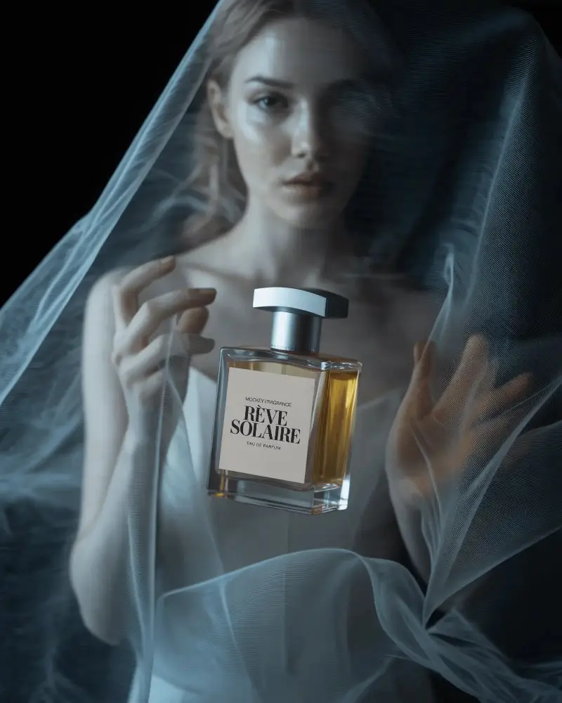 Ethereal Perfume Mockup Delicate Female Model With Floating Bottle And Soft Veil