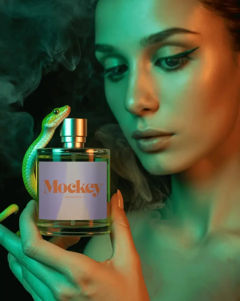 Exotic Perfume Mockup Woman Holding Glass Bottle With Green Snake And Mystic Light