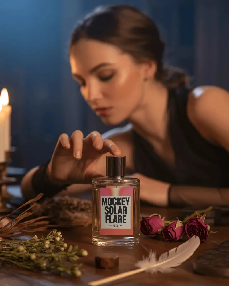 Vintage Perfume Mockup Elegant Woman In Candlelight With Dried Roses And Feather