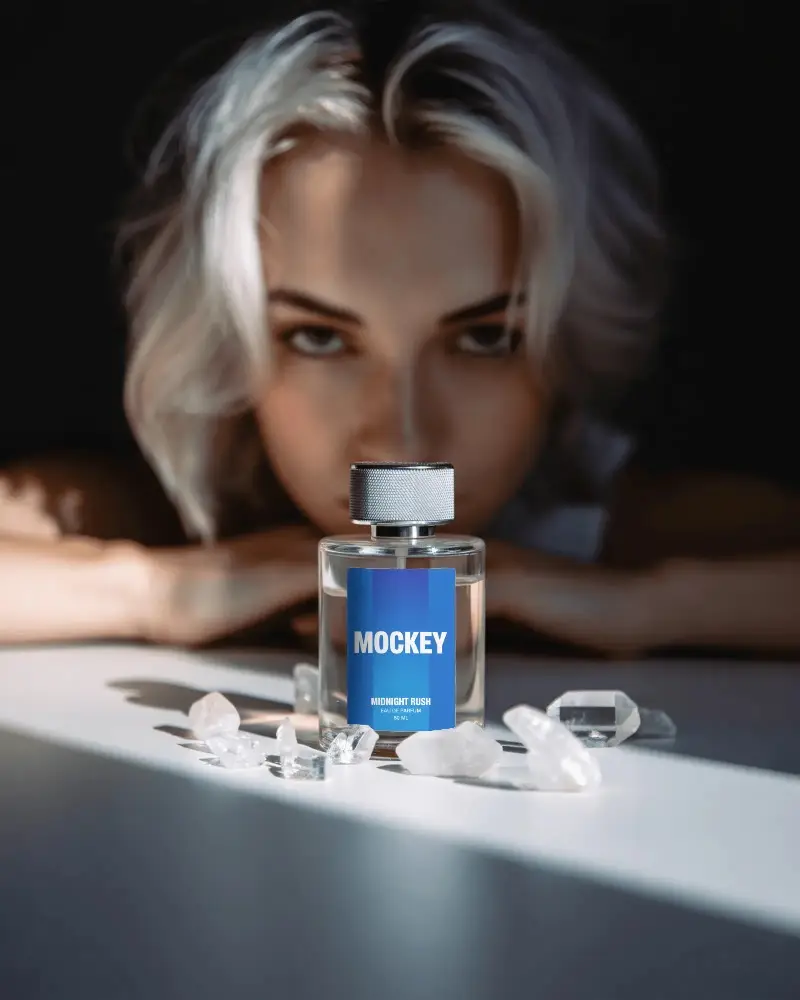 Crystal Inspired Perfume Mockup Blonde Model With Clear Stones And Modern Bottle