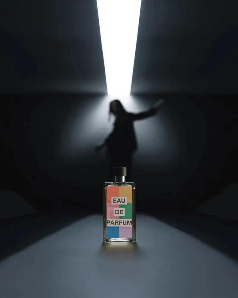 Cinematic Perfume Mockup Dramatic Lighting With Silhouette And Minimal Bottle