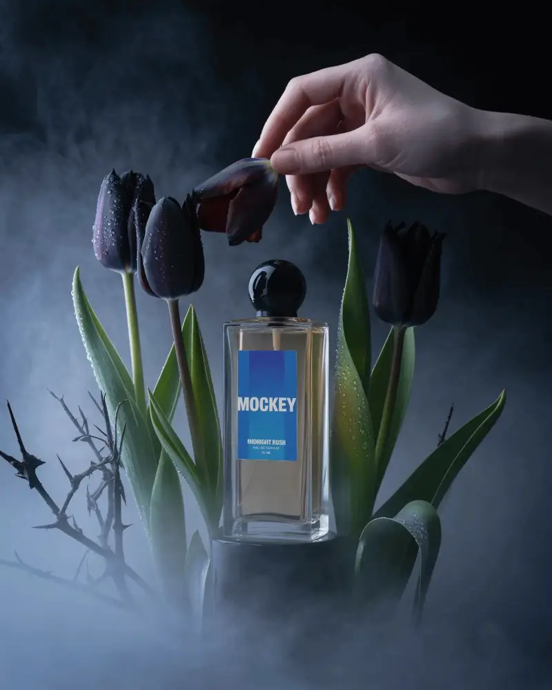 Mysterious Perfume Mockup Hand Touching Surrounded By Black Tulips And Fog