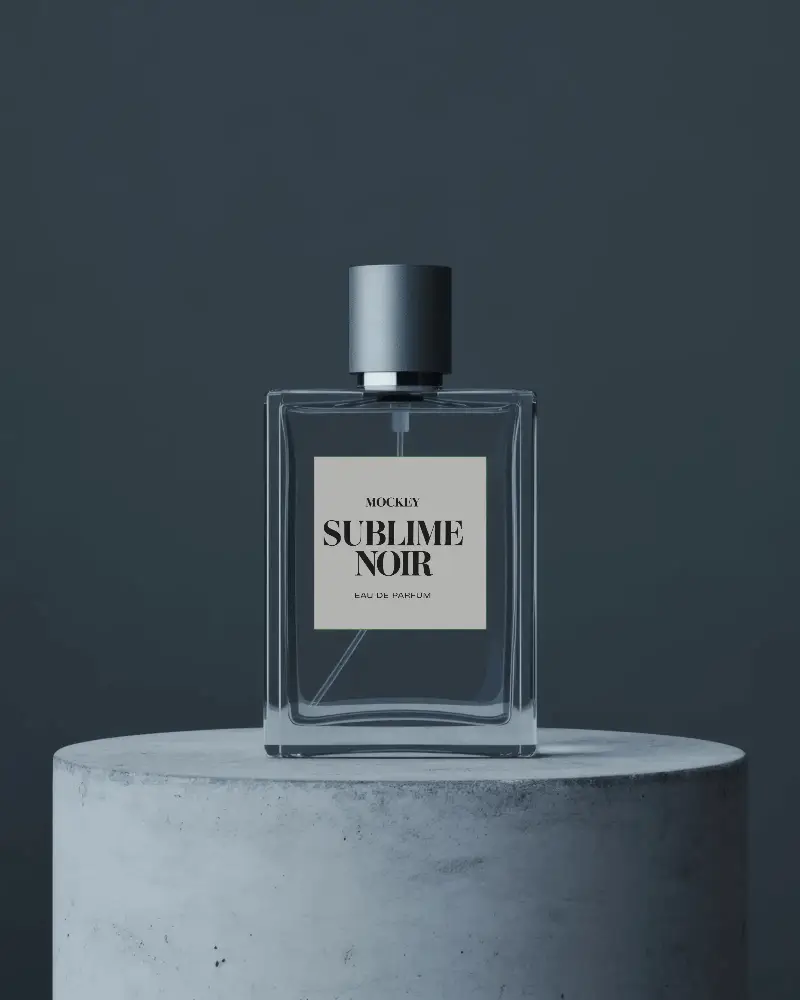 Studio Mockup Of Perfume Bottle Standing On Textured Base Dramatic Lighting For Luxury Packaging Presentation