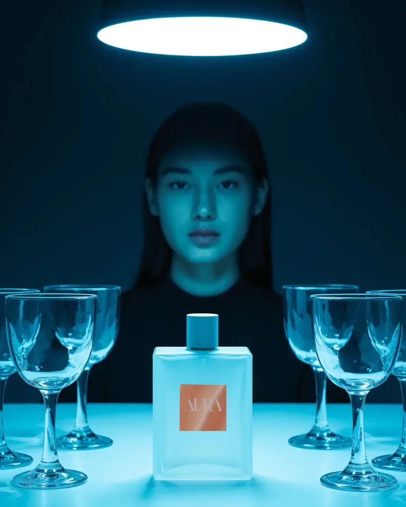 Futuristic Perfume Mockup Minimalist Scene With Woman Blue Light And Glass Goblets