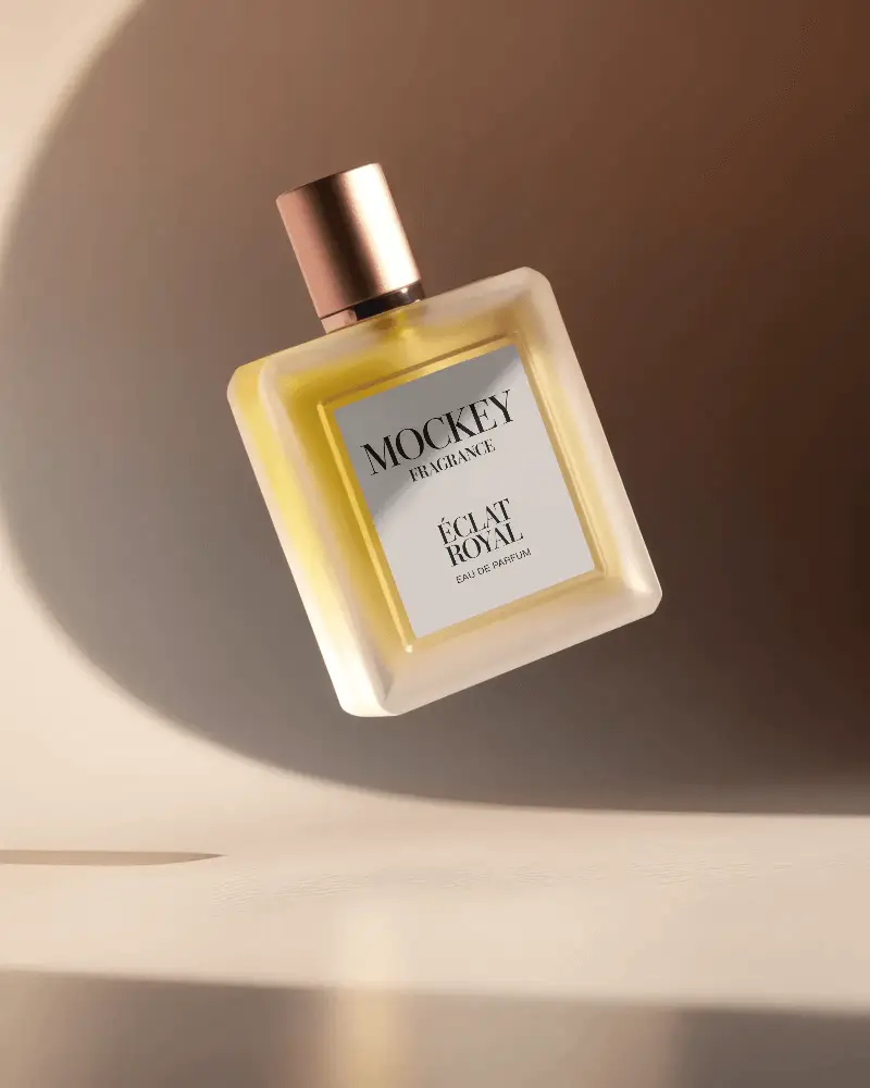 Premium Floating Perfume Mockup In Soft Sunbeam Shadowed Environment Perfect For Luxury Branding Visuals