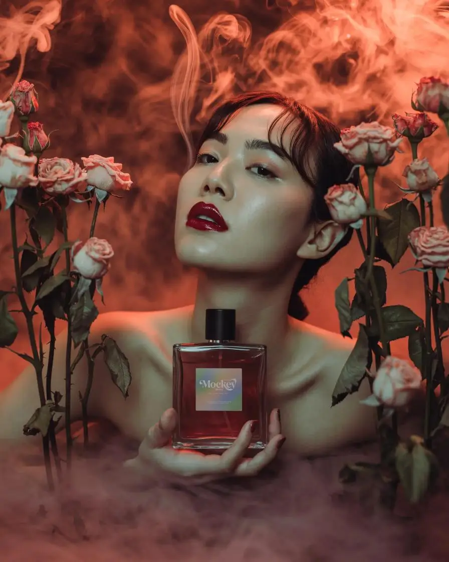 Cinematic Perfume Mockup Moody Red Tones With Elegant Woman And Roses